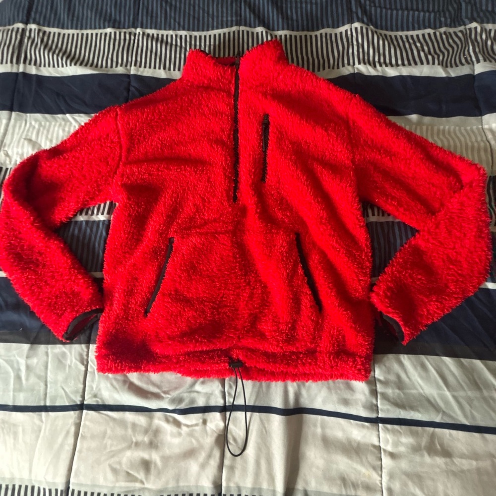 Red Fleece Pullover with Black Accents